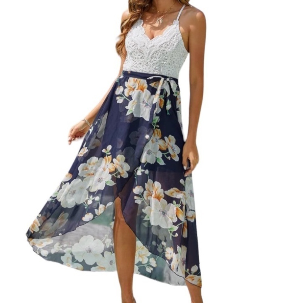 NWT-BLOOMING JELLY-ASYMMETRICAL BLUE FLORAL AND WHITE LACE MAXI DRESS-SIZE XL
